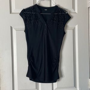 No boundaries black Lacey half button cap sleeves roughed sides black top blouse